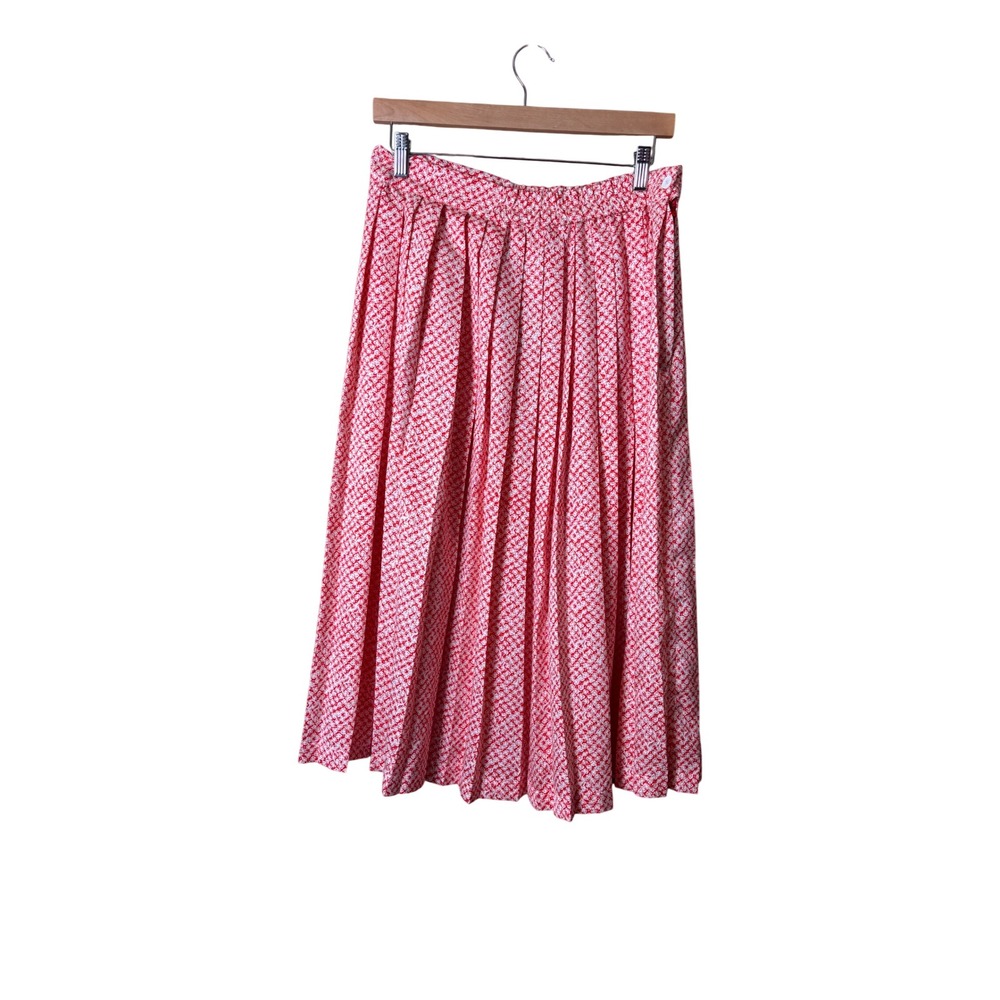 Handmade Women Pleated Midi Skirt S Red White Geometric Abstract Print Retro Mod
